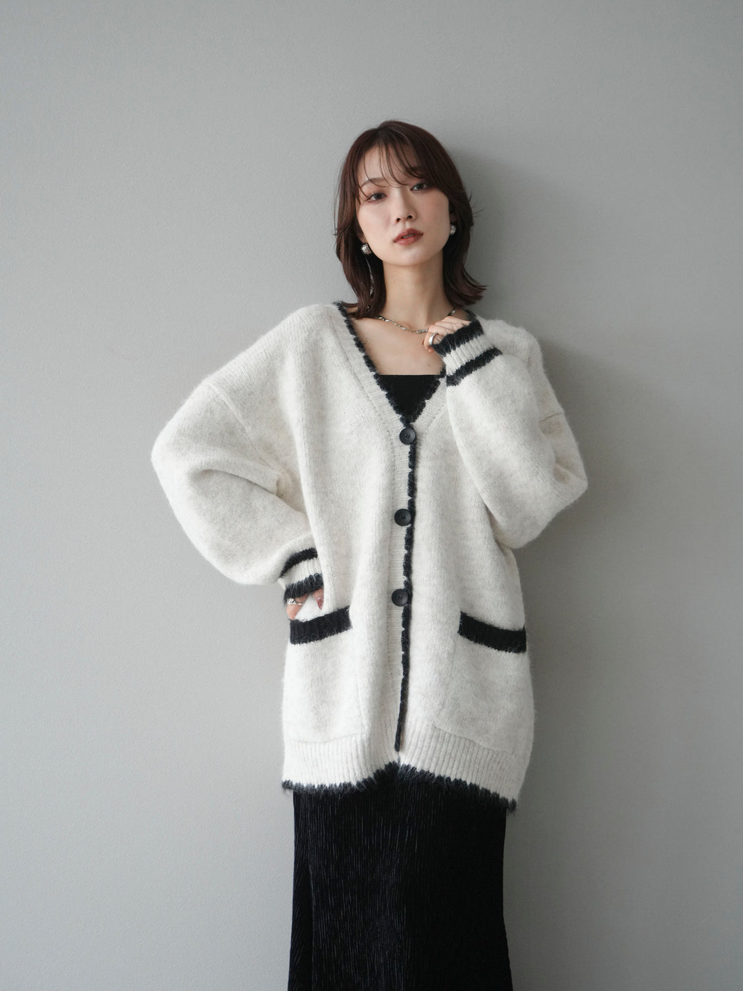 [予約]バイカラーラメニットカーディガン/ivory