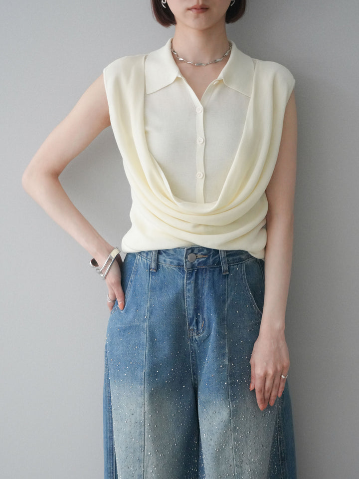 [SET]ノースリーブドレープニットトップス+フロントビジューカーブデニムパンツ(2set)