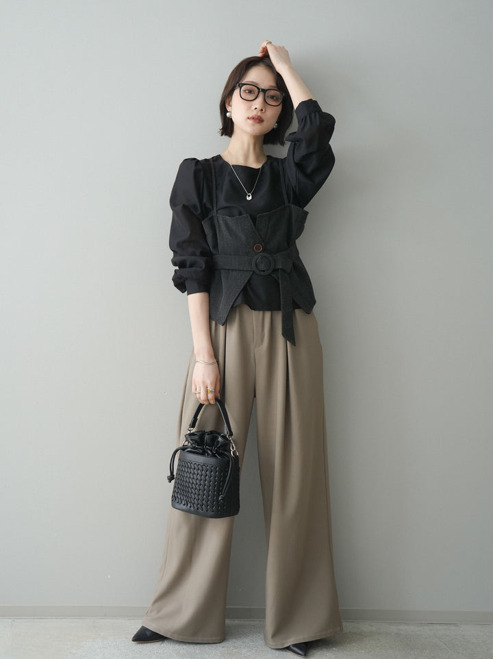[SET]異素材ビスチェドッキングブラウス+ベルト付キーホルダーモチーフワイドパンツ(2set)