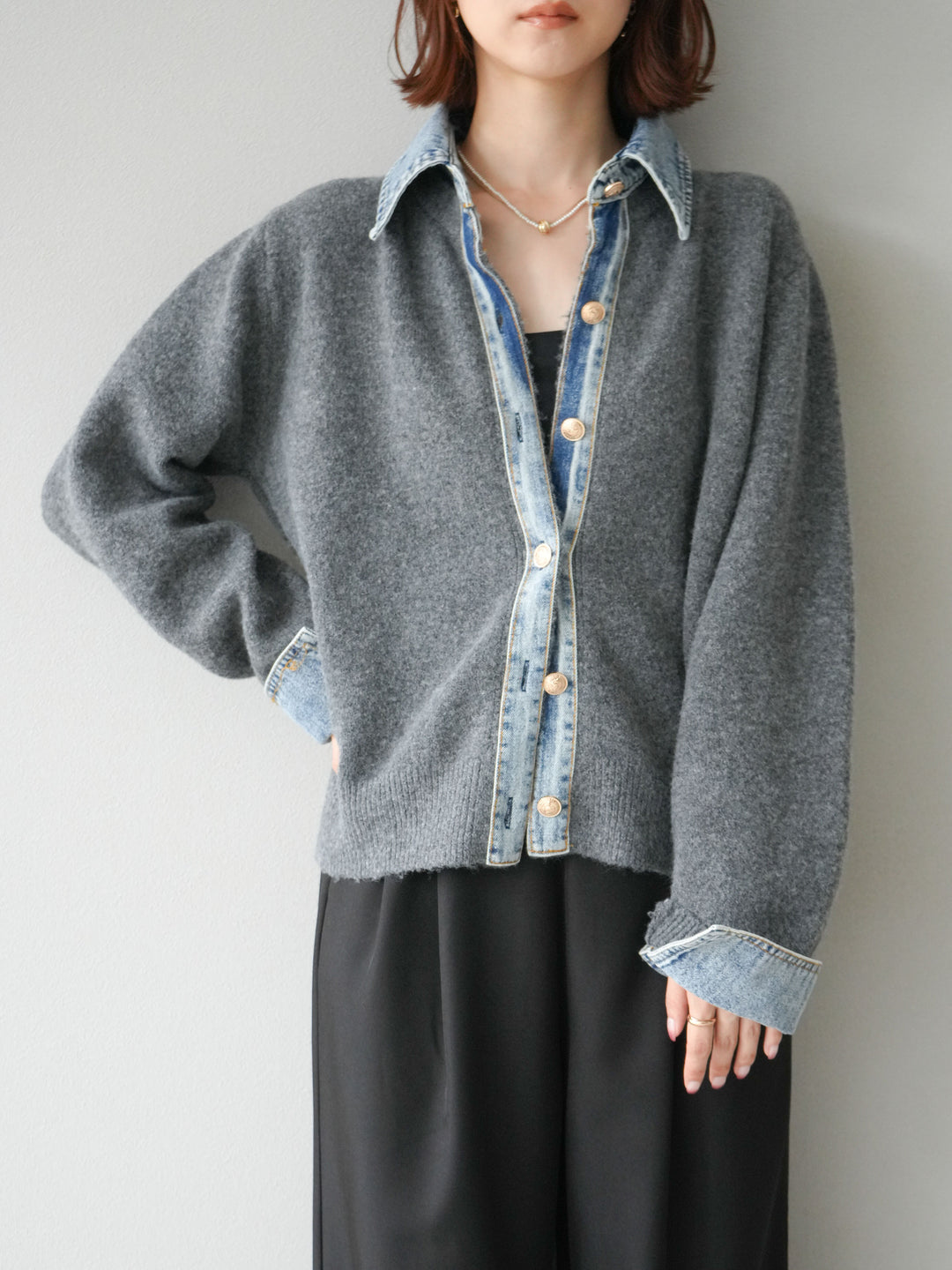 [SET]デニム襟ボタンニットカーディガン+エステルタックワイドパンツ(2set)