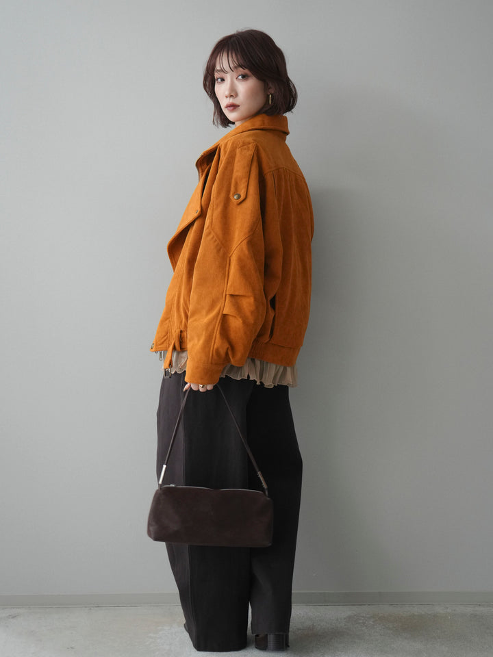 [SET]コーデュロイライダース裾レースブルゾン+カップ付テレコリブベアキャミソール+コットンツイルカーブパンツ(3set)