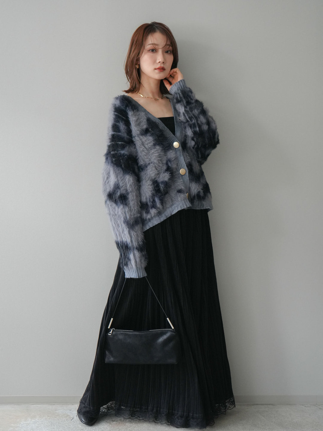 [SET]ニュアンス柄シャギーニットカーディガン+裾レーススウェードプリーツマキシスカート(2set)