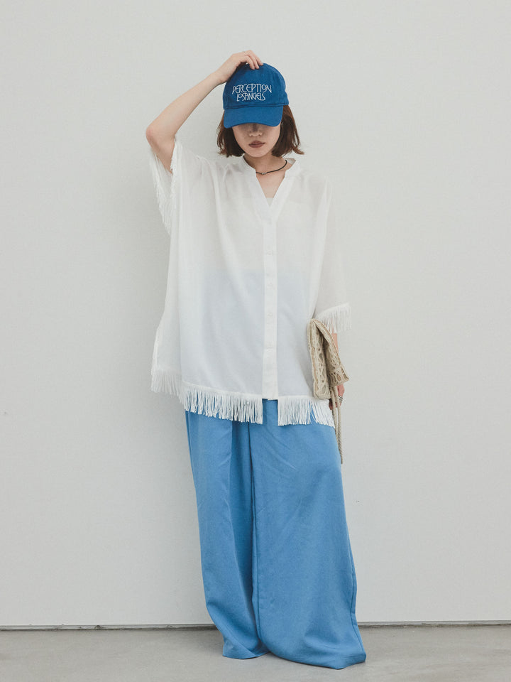 【預訂】亞麻觸感褶邊闊腿褲/藍色