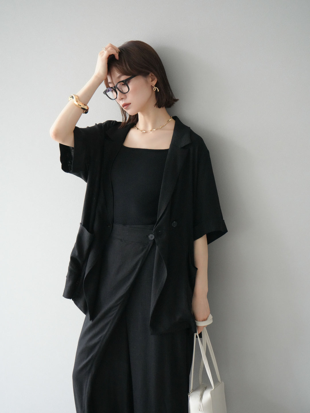 【預購】輕亞麻半袖外套/黑色