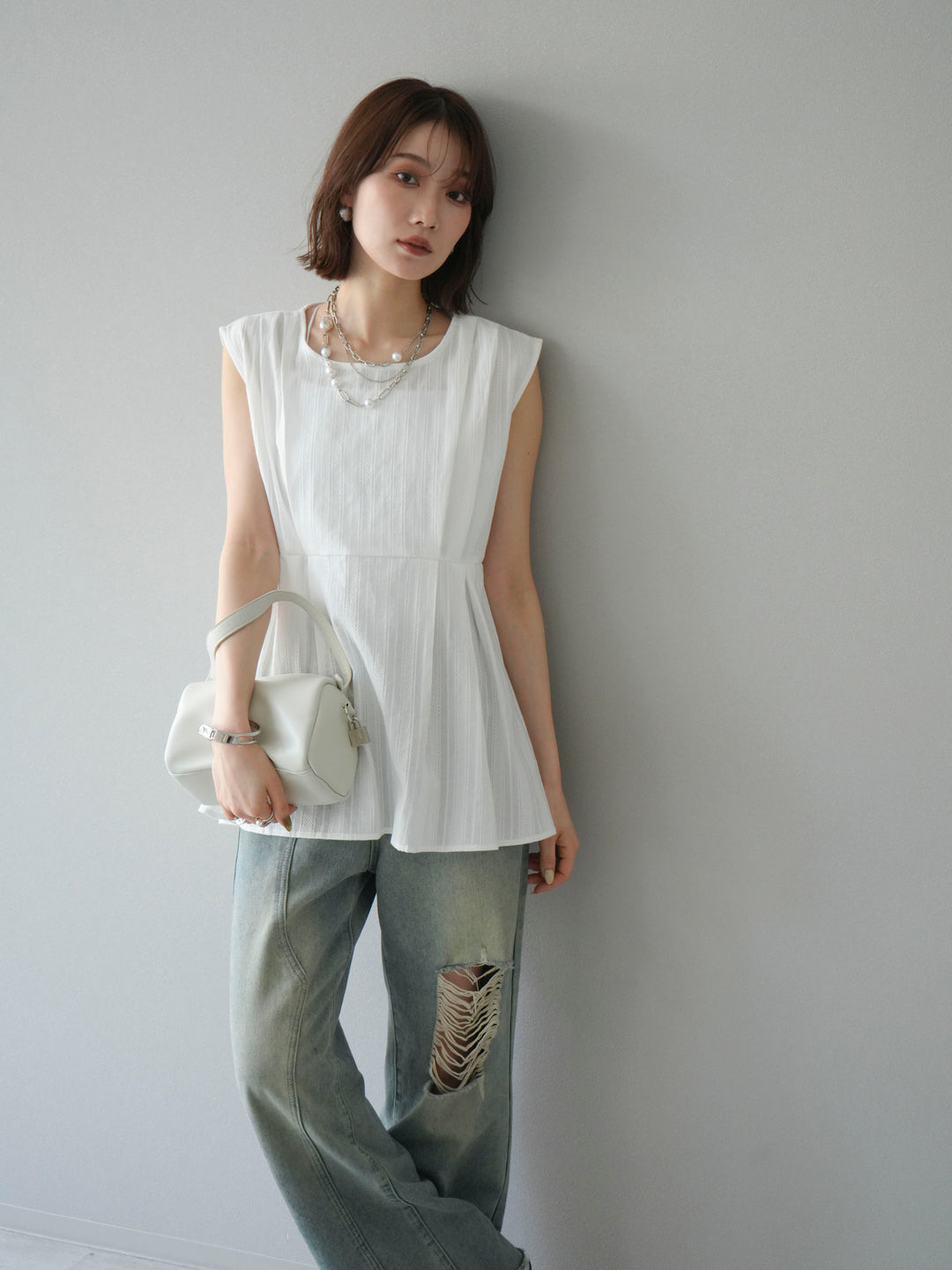 [予約]ドビーストライプタックブラウス/ホワイト