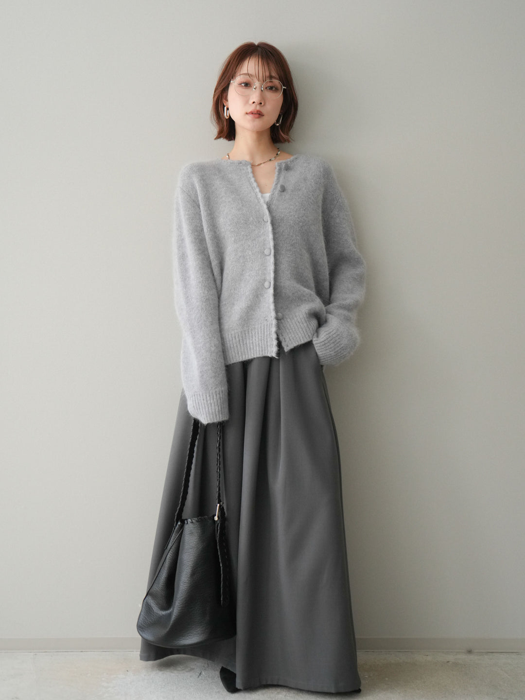 [SET]くるみボタンニットカーディガン+テープベルトタックバギーパンツ(2set)