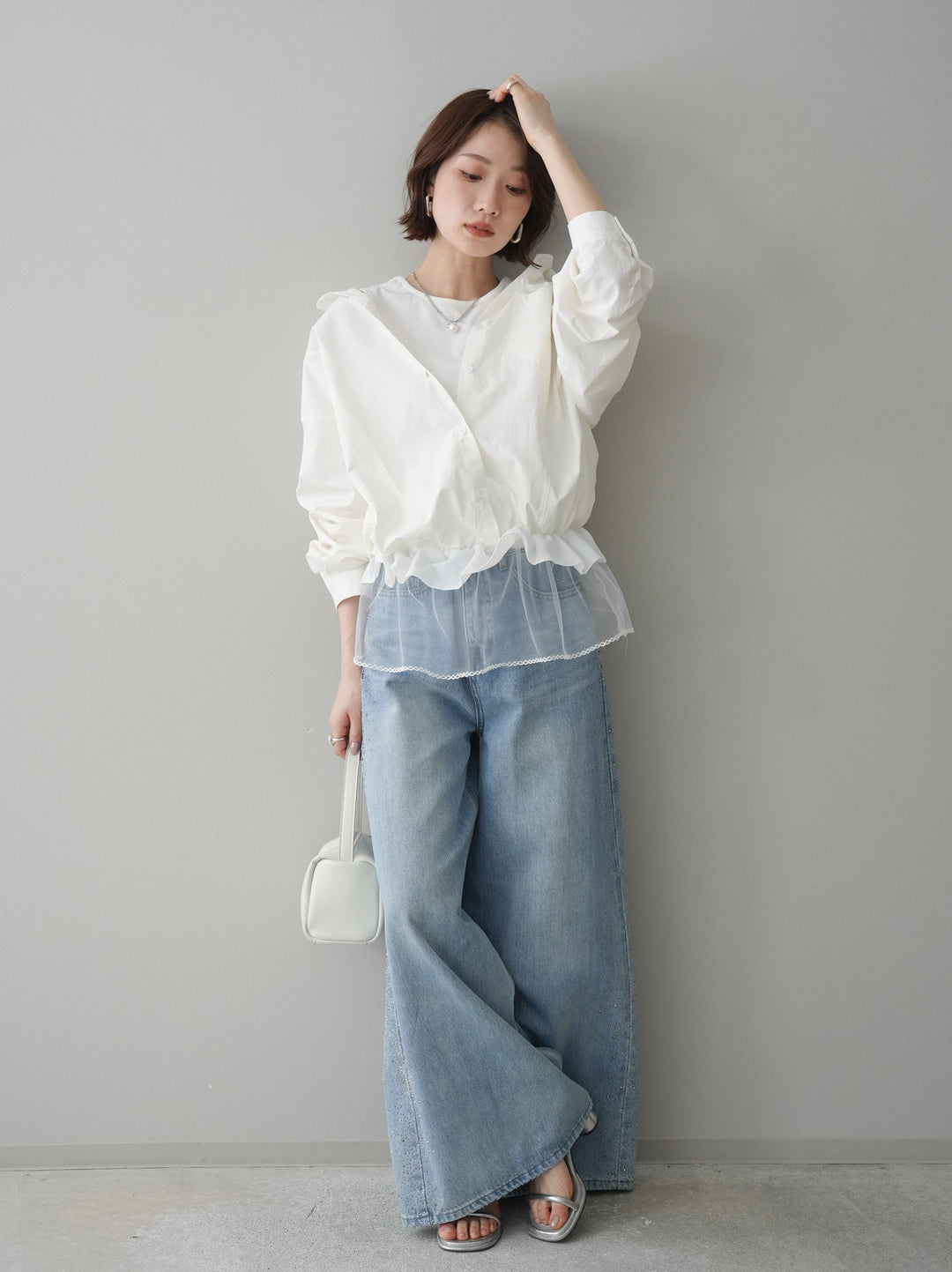 [予約]サイドビジューワイドデニムパンツ/lightblue