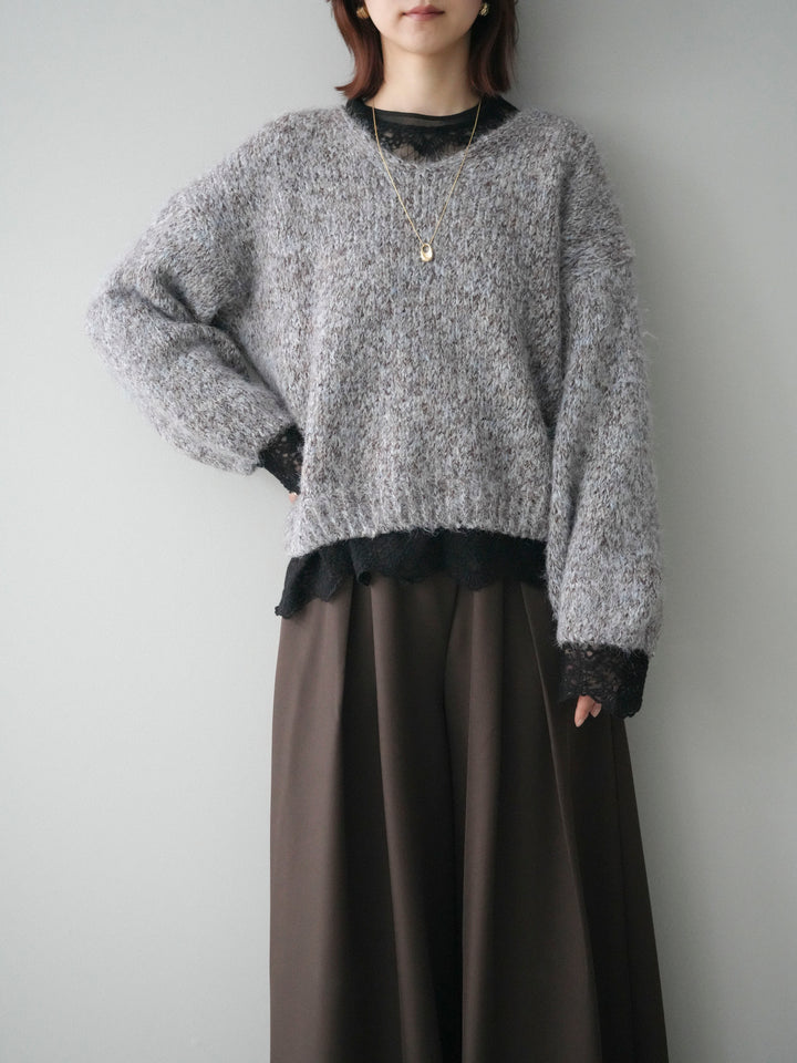 [SET]Vネックミックスヤーンニットプルオーバー+チュールレーストップス+テープベルトタックバギーパンツ(3set)