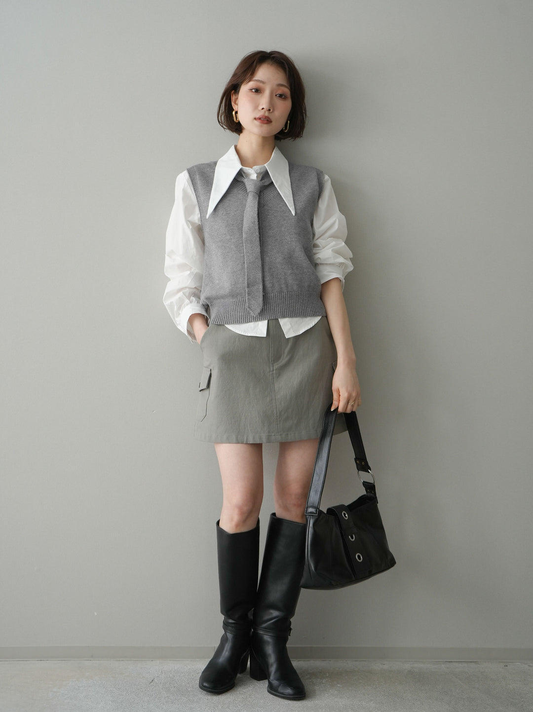 【套裝】蝴蝶結針織背心套裝襯衫+繫帶工裝迷你裙（兩件組）