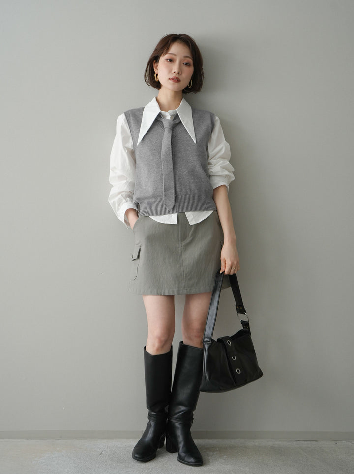 【套裝】蝴蝶結針織背心套裝襯衫+繫帶工裝迷你裙（兩件組）