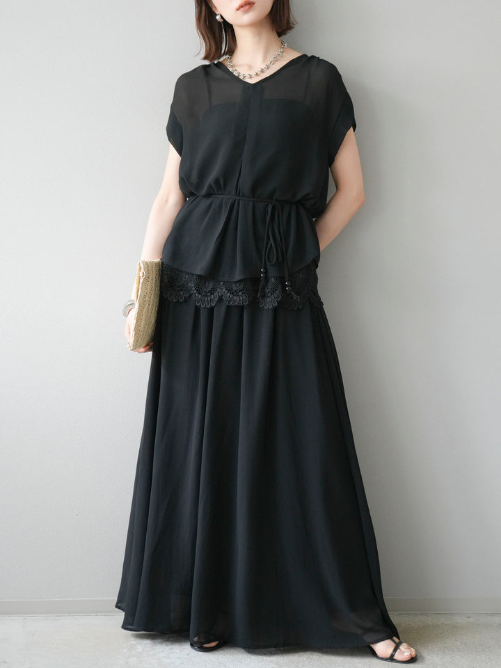 [SET]シフォンブラウス＆レースデザインフレアスカートSET UP(2set)