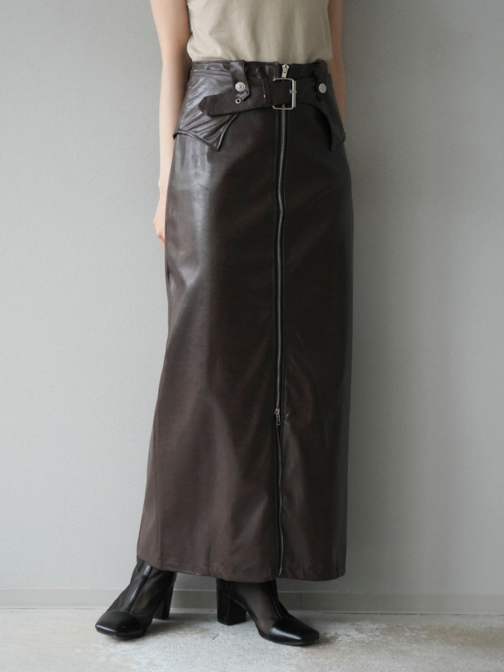 [予約]ベルトデザインレザータッチZIPタイトスカート/ブラウン