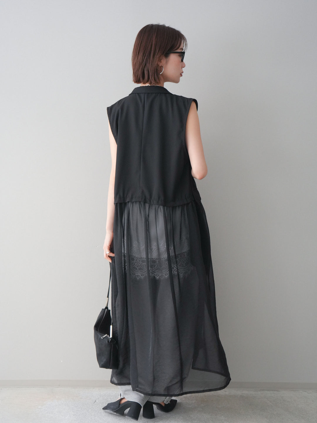 [SET]シアーレイヤードテーラードロングジレ+レーストリムキャミソール+2WAYデザインスウェットパンツ(3set)