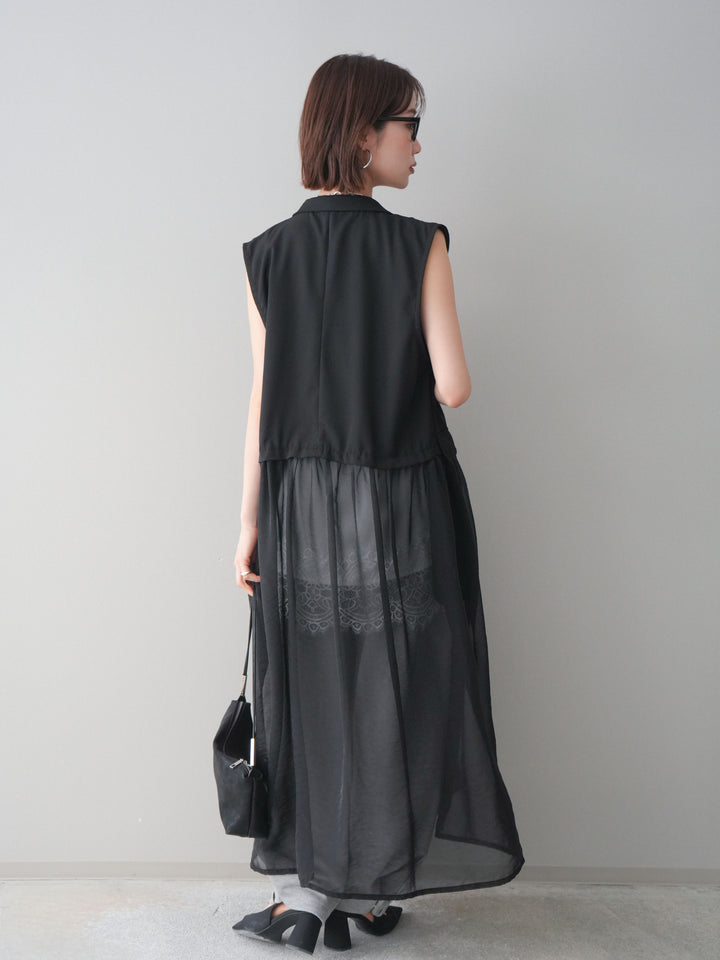 [SET]シアーレイヤードテーラードロングジレ+レーストリムキャミソール+2WAYデザインスウェットパンツ(3set)