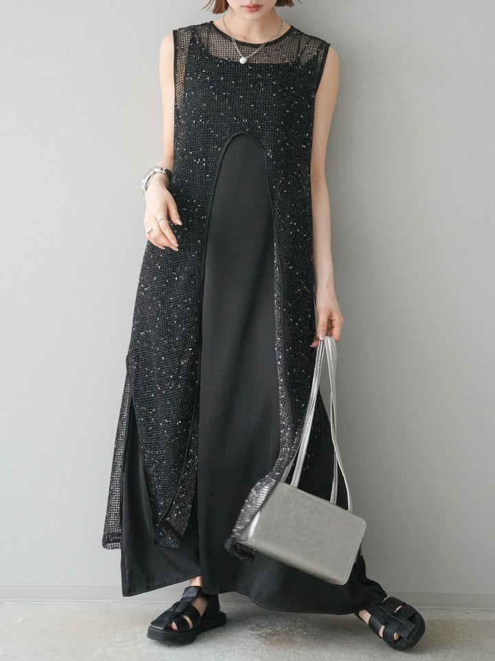 【預購】前開衩網紗連身裙/黑色