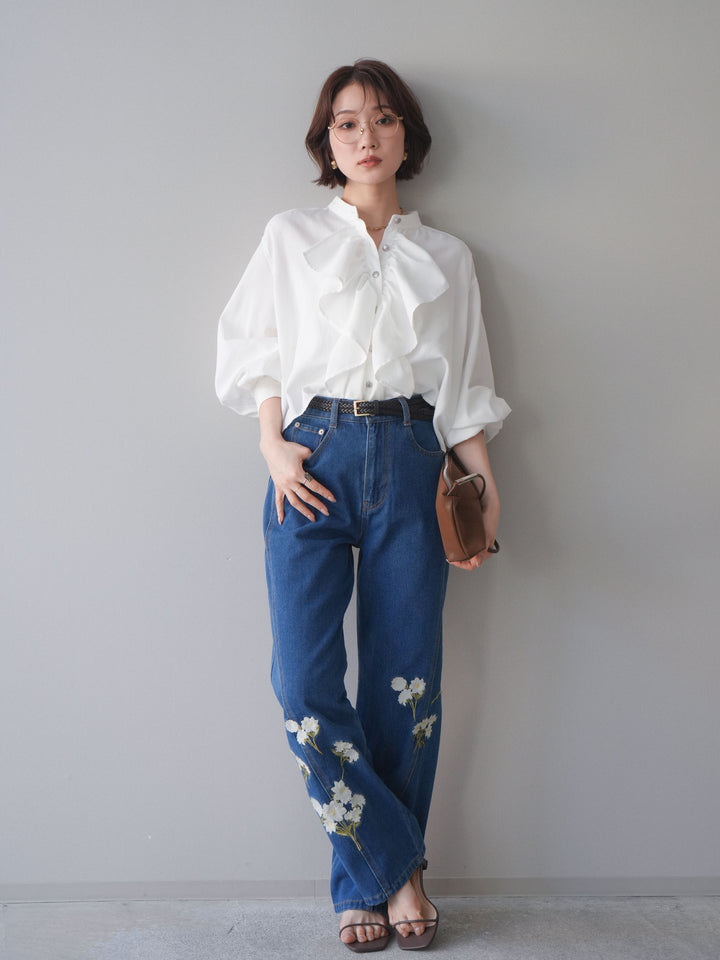 [SET]ラッフルフレアショートブラウス+フラワー刺繍ストレートデニム(2set)