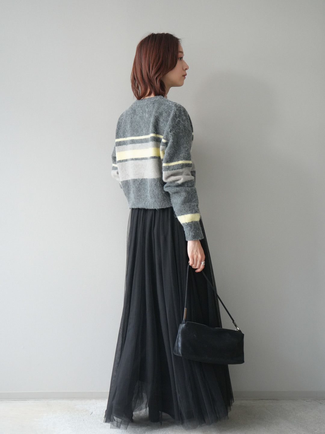 [SET]ソフトタッチボーダークロップドニットプルオーバー+チュールボリュームスカート(2set)