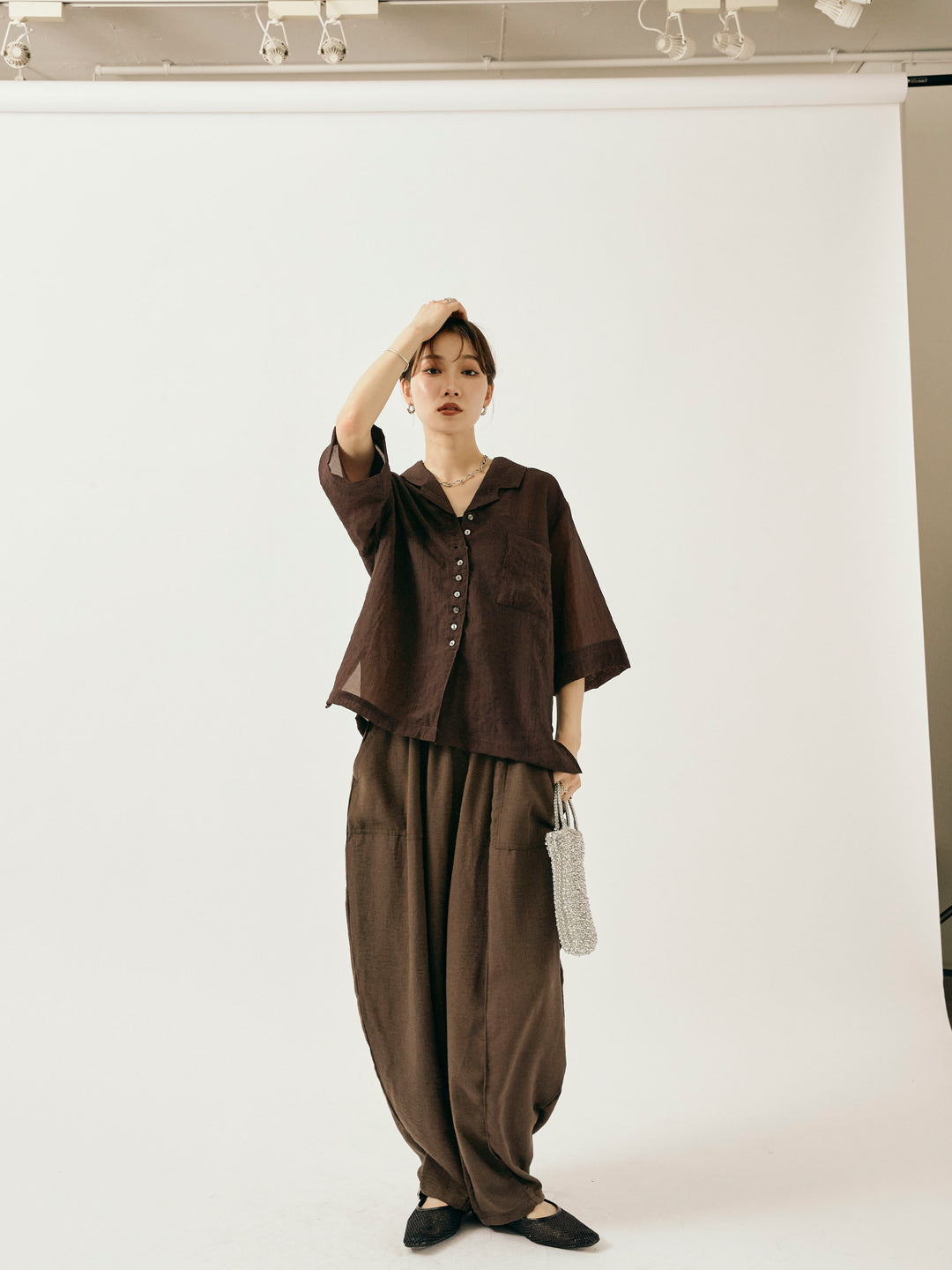 【Allure】[SET]シャイニースラブシアー開襟ハーフシャツ+リネンライクベイカーバルーンパンツ(2set)