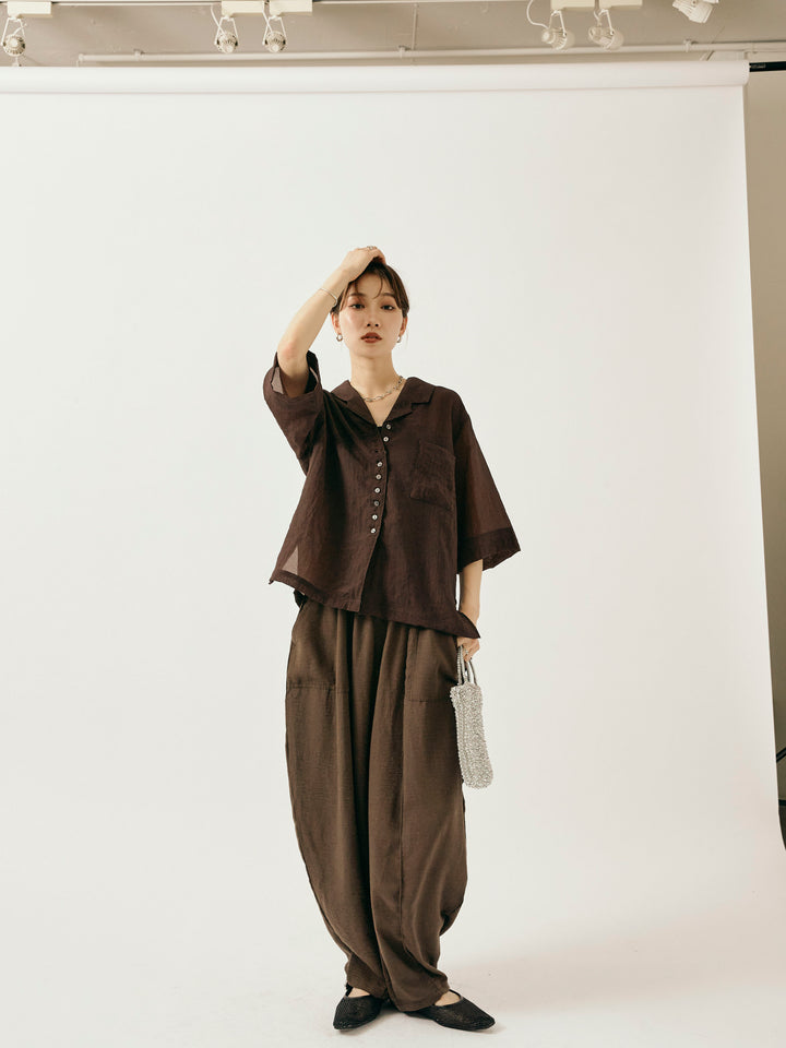 【Allure】[SET]シャイニースラブシアー開襟ハーフシャツ+リネンライクベイカーバルーンパンツ(2set)