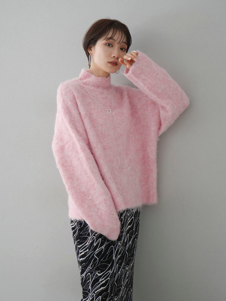 [Pre-order] High-neck wool blend mohair-touch shaggy knit pullover/pink