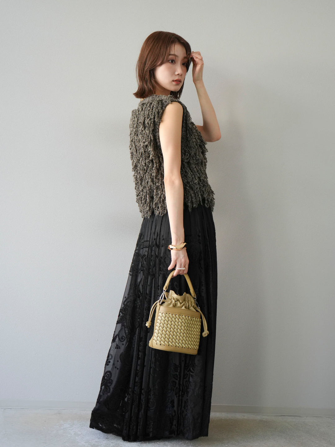 [予約]アンティーク柄フロッキーマキシスカート/ブラック