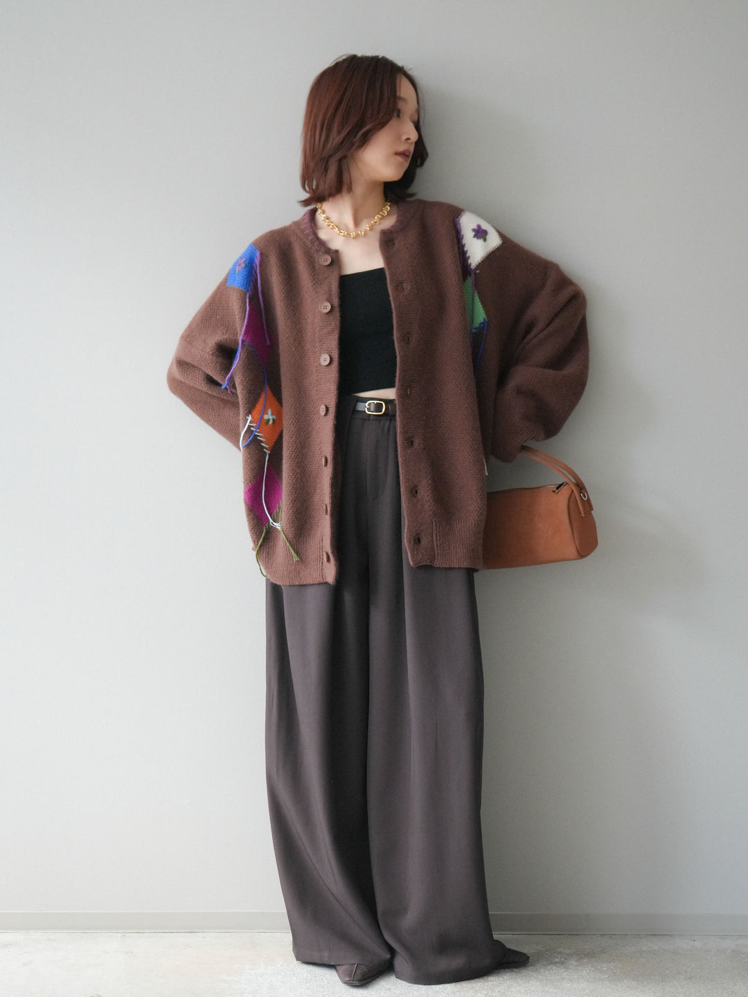 [SET]ハンドステッチアーガイルデザインニットカーディガン+ベルトループデザインワイドパンツ(2set)