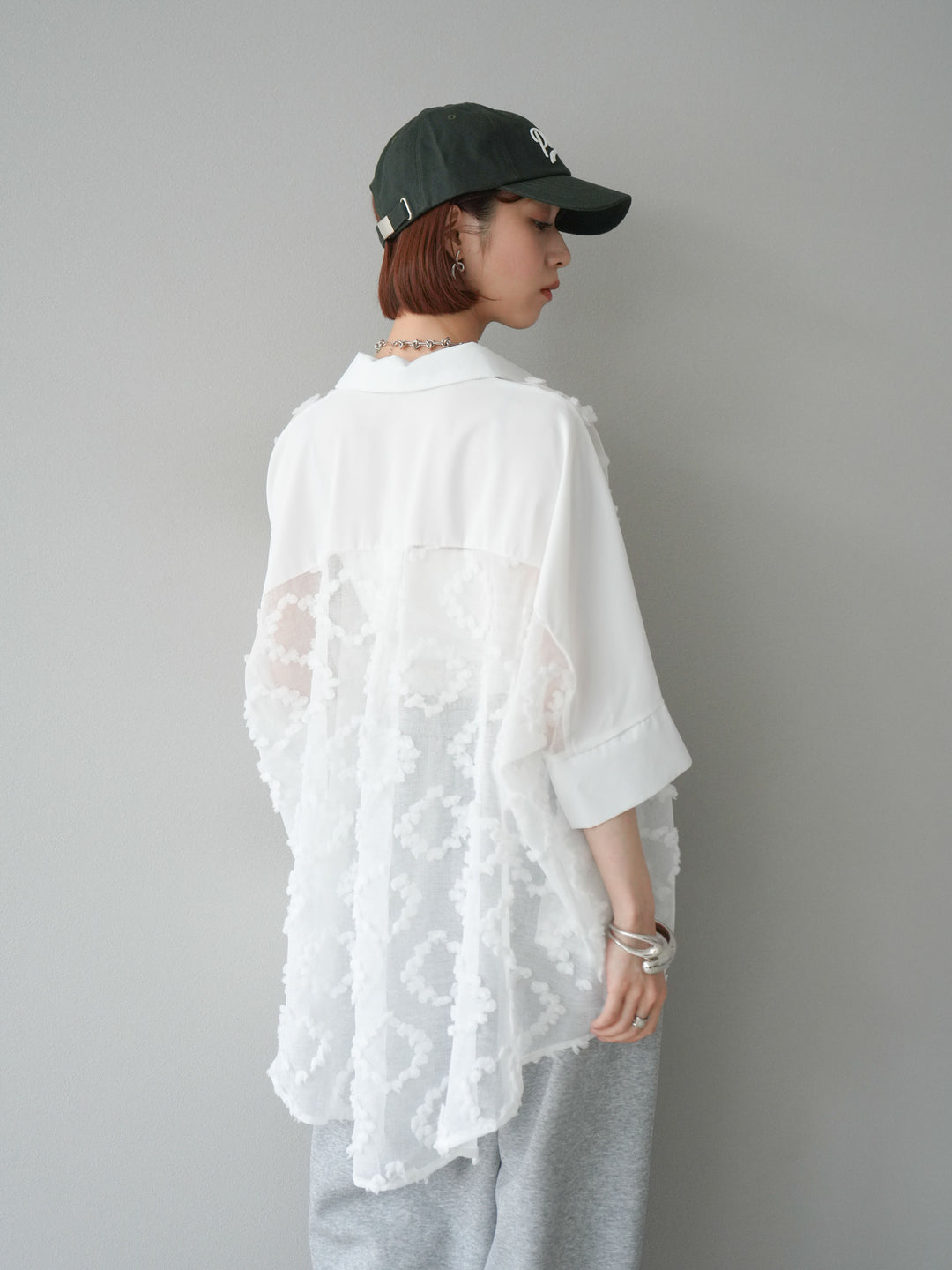 [預訂] 混合材質透視半身襯衫/白色