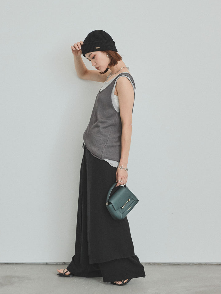 [SET]バイカラーレイヤードニットタンクトップ+ワッシャーサテンレイヤードスカートパンツ(2set)