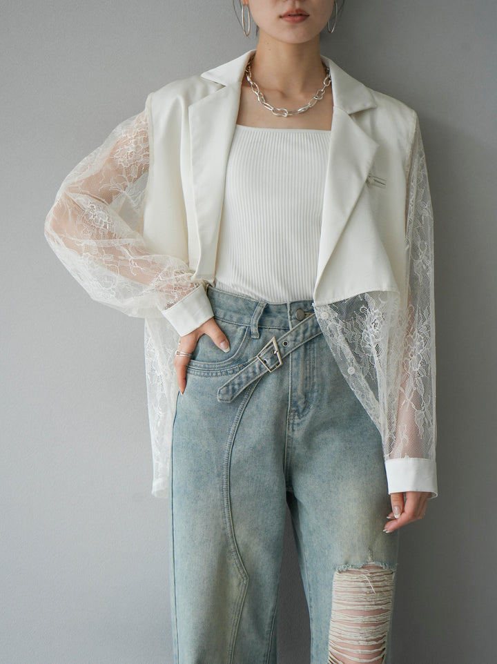 [Pre-order] Lace-trimmed satin shirt jacket/ivory