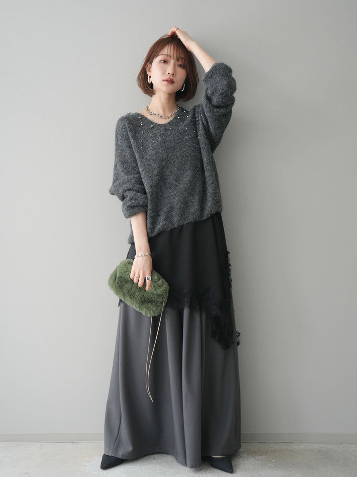 [SET]パール×ビジューVネックニットプルオーバー+アシンメトリーサテンレースキャミソール+テープベルトタックバギーパンツ(3set)