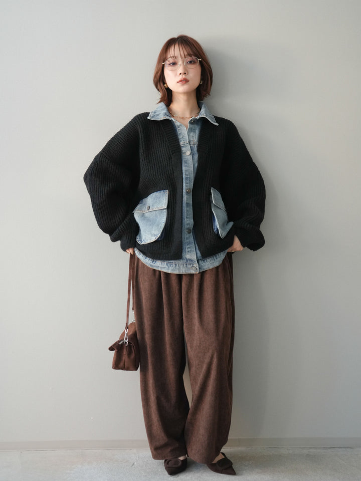 [SET]デニムドッキングオーバーニットジャケット+コーデュロイサイドタックコクーンパンツ(2set)