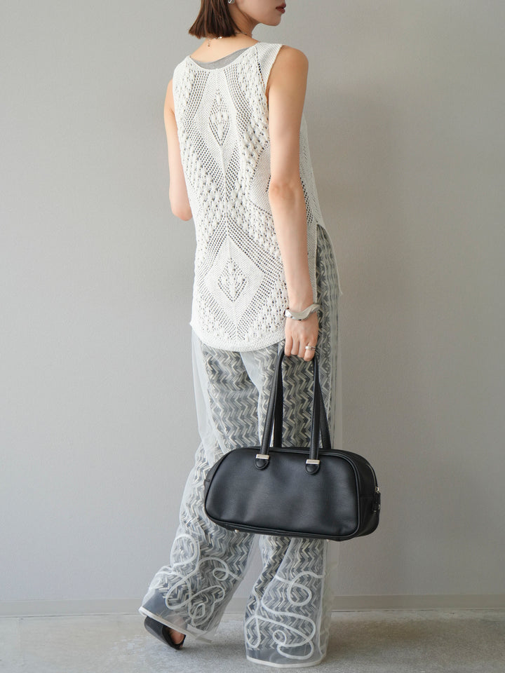 [予約]レーヨンフレックススラブウェーブ柄ストレートパンツ/ブラック