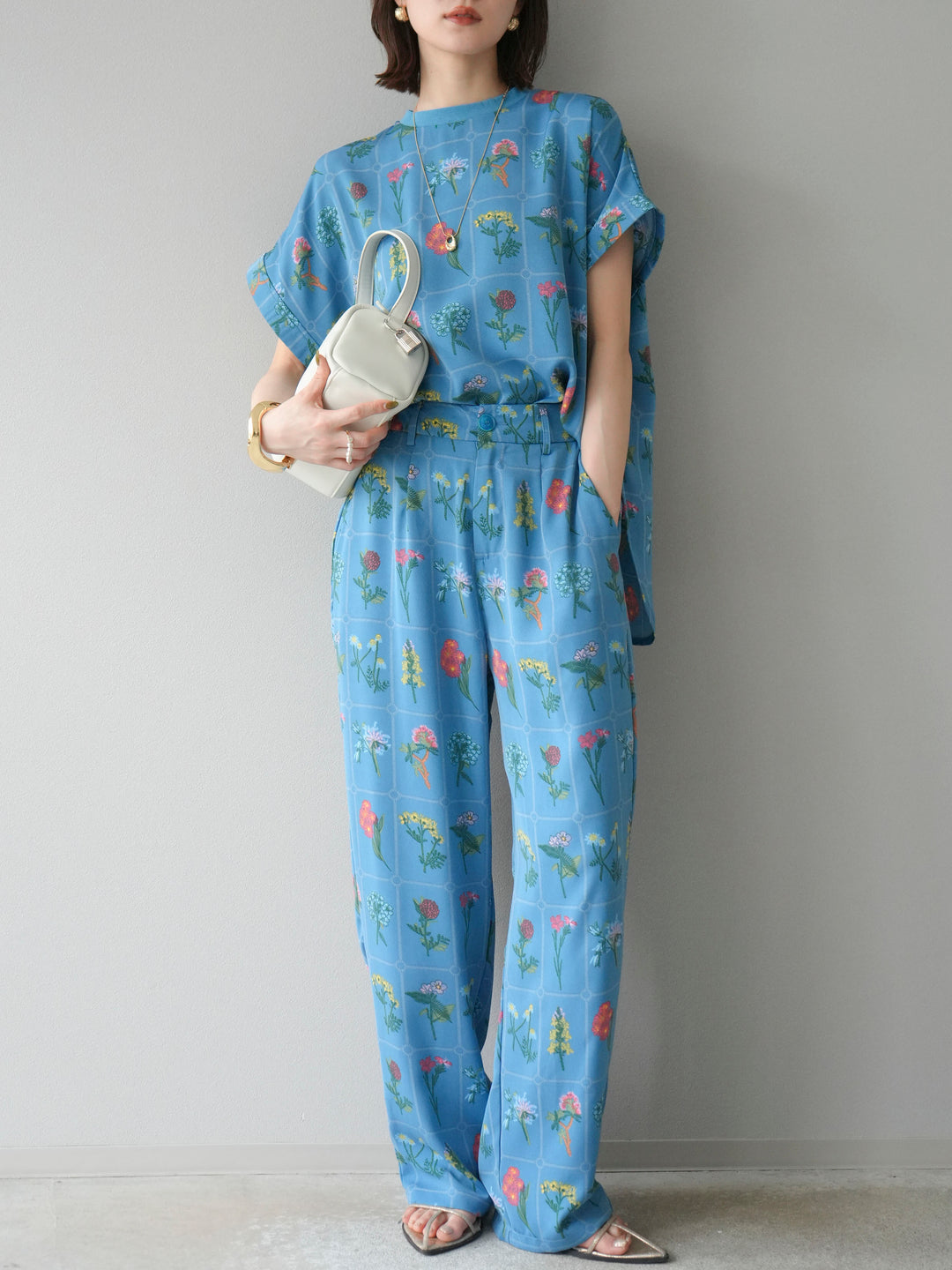 [予約]パッチワークフラワープリントイージーパンツ/ブルー