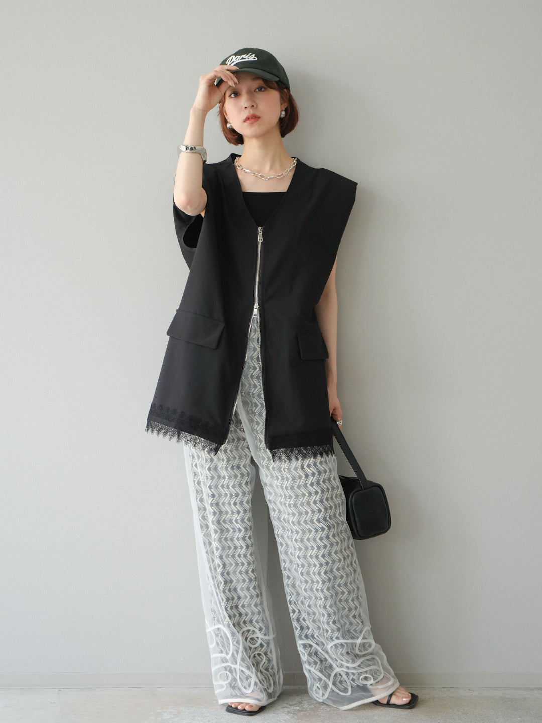 [予約]レーヨンフレックススラブウェーブ柄ストレートパンツ/ブラック