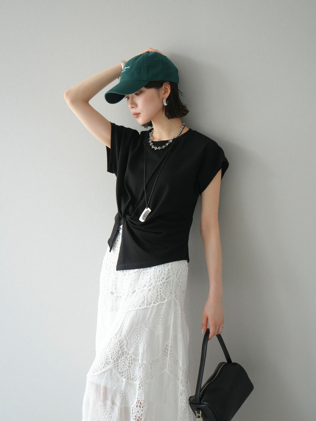 [予約]カシュクールTシャツ＆コームネックレスSET /ブラック