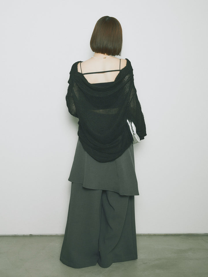 [SET] 後背垂墜網眼套頭衫+亞麻觸感裹身寬褲（2件套）