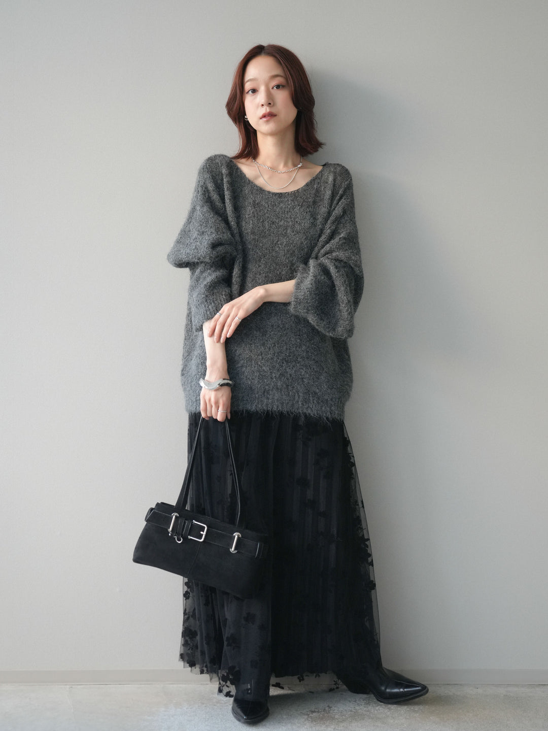 [SET]透かしデザインニットプルオーバー+フラワーフロッキーチュールプリーツスカート(2set)