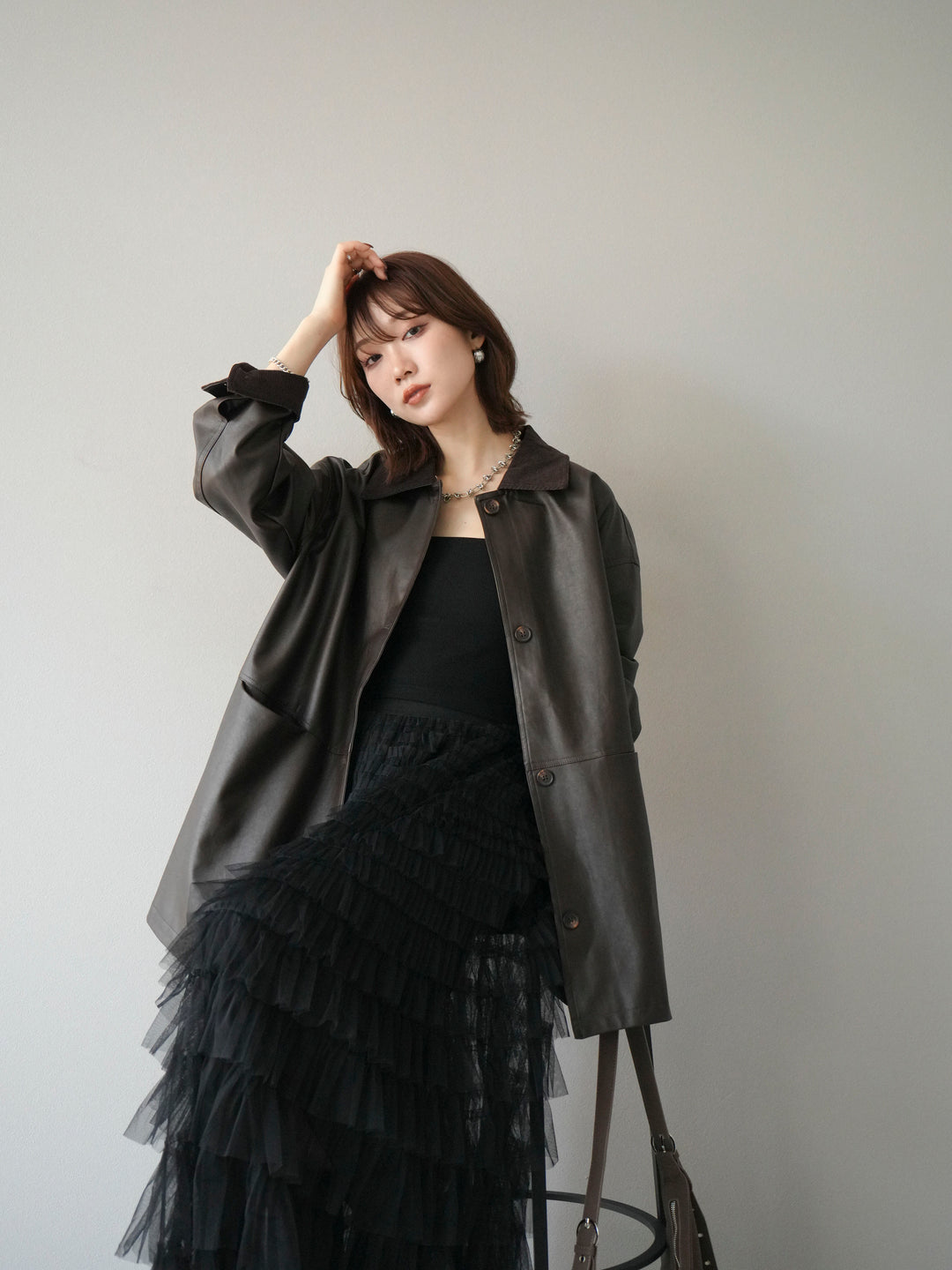 [予約]コーデュロイ襟レザーステンカラージャケット/ブラウン