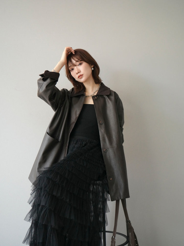 [予約]コーデュロイ襟レザーステンカラージャケット/ブラウン