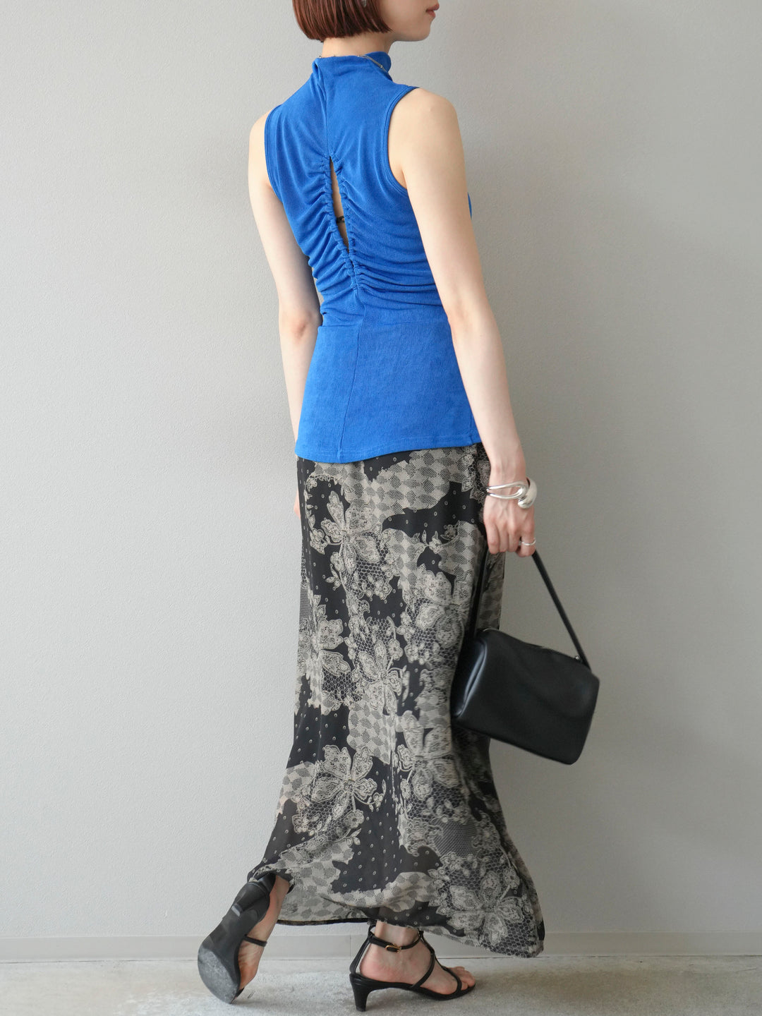 [予約]フラワーパターンフレアスカート/ブラック