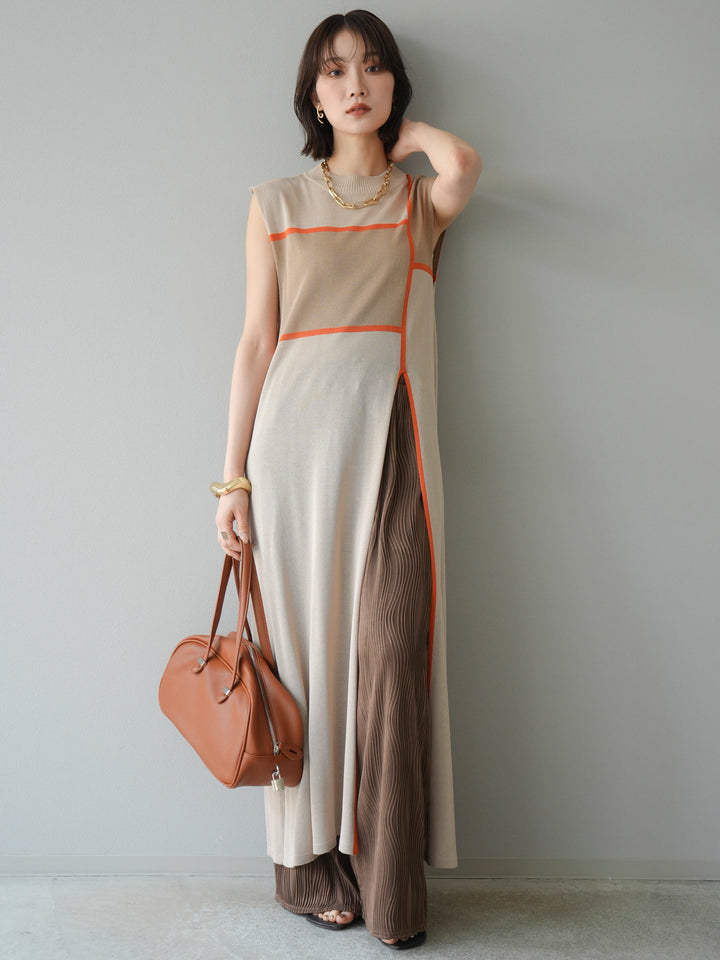 [SET] 配色開衩針織洋裝 + 波浪滾邊休閒褲 (2件套)