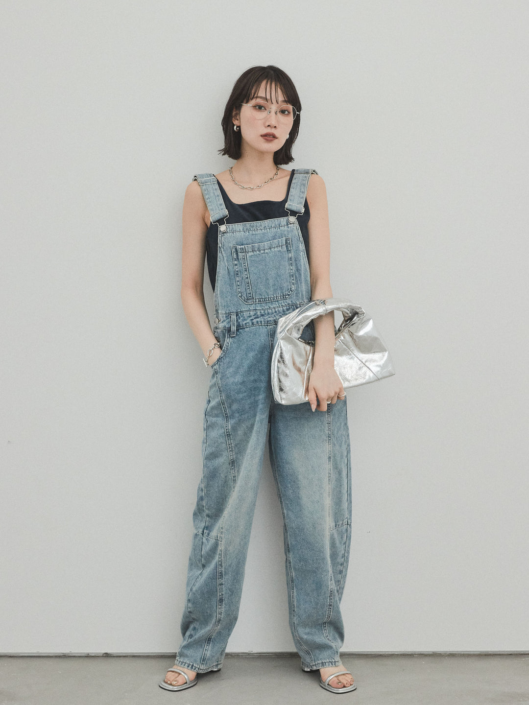 [SET]センターシームデニムサロペット +スクエアベロアタンクトップ(2set)