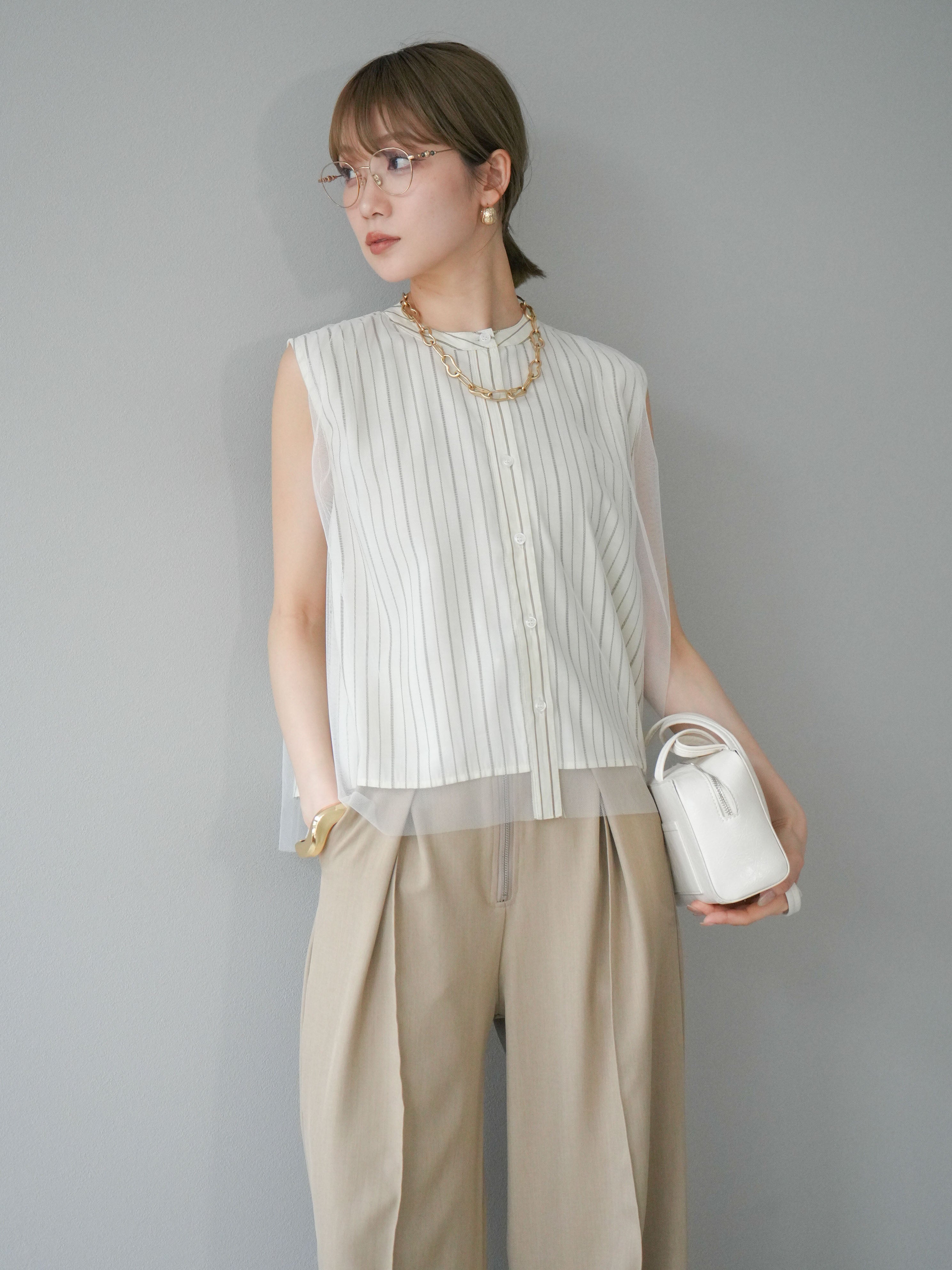 予約]チュールレイヤードストライプノースリーブブラウス/アイボリー