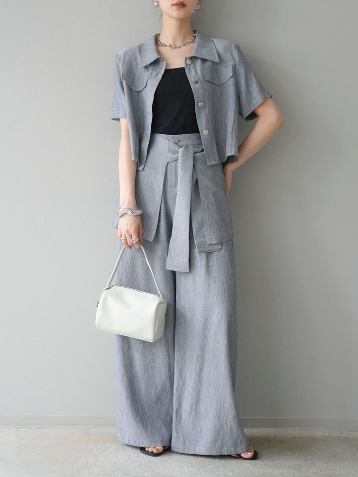 [SET]リネンタッチハーフシャツ＆ラップワイドパンツSET UP(2set)