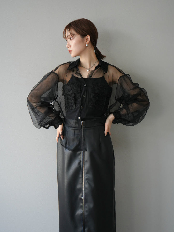 [予約]フリンジジャガード×チュールレイヤードシャツ/ブラック