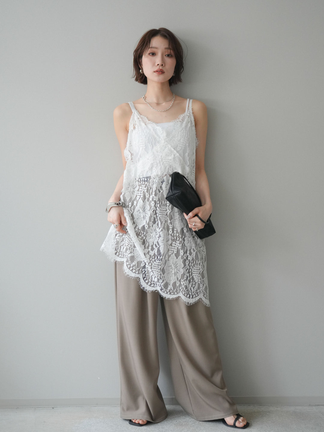 [SET]総レースチュニックキャミソール+ベルト付キーホルダーモチーフワイドパンツ(2set)