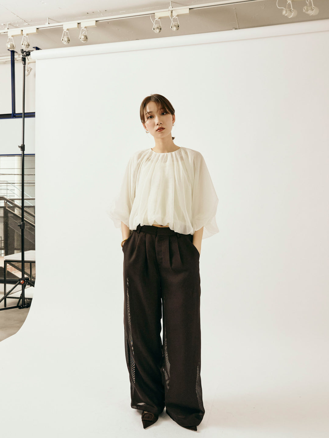 [予約]メッシュタックワイドパンツ/ブラウン