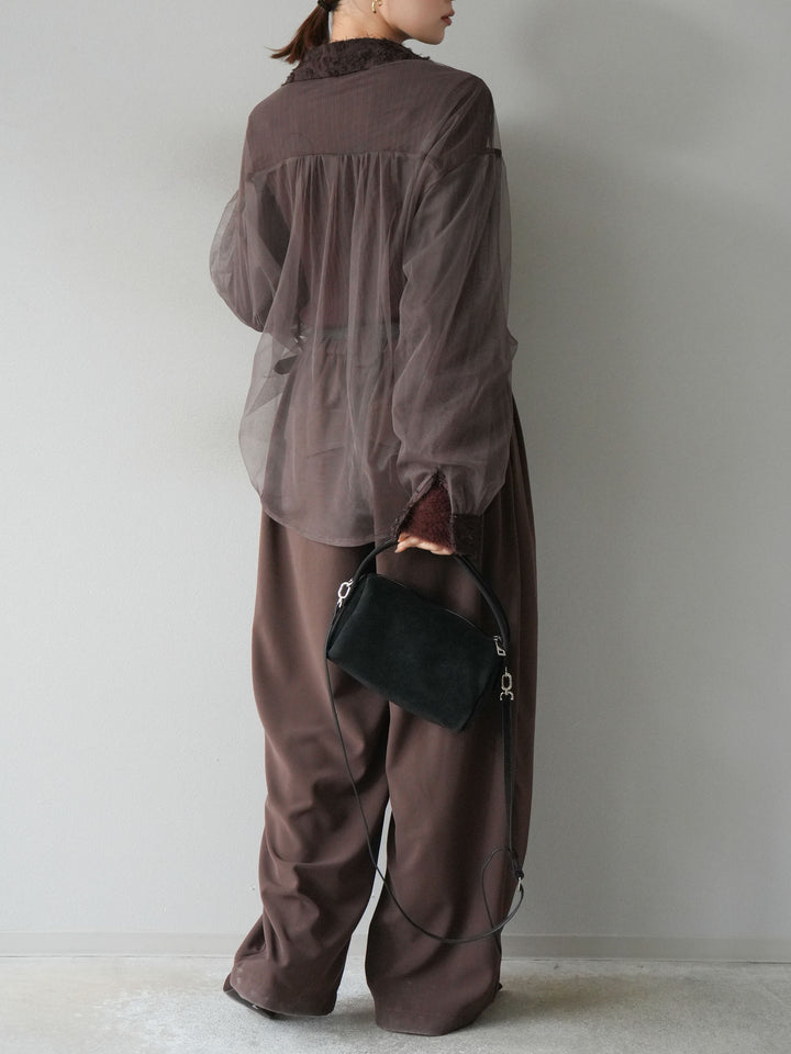 [SET]フリンジジャガード×チュールレイヤードシャツ+アームシャギーランダムリブニットトップス+ベルト付タックワイドパンツ(3set)