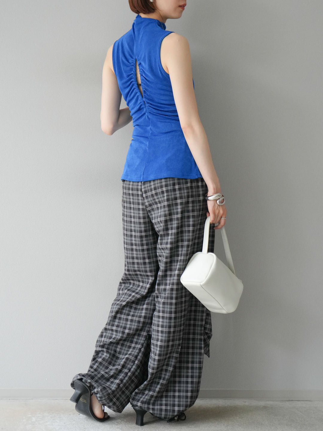 [予約]チェック柄ウエスト巻きドロストパンツ/ブラック