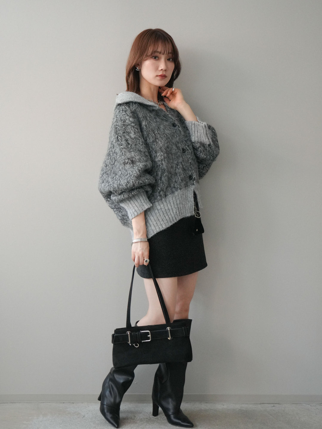 [予約]ウールタッチベルト付ミニスカート/black